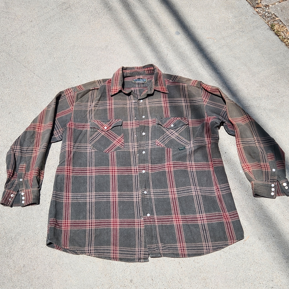 Vintage Gray and Red Plaid Button-Down Shirt